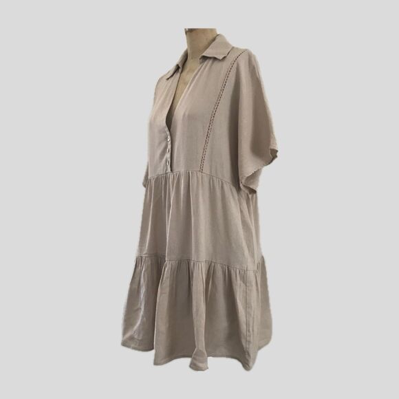 Zara Tan Linen Collared Oversized Mini Neutral Short Sleeve Casual Shirt Dress S - Picture 3 of 9